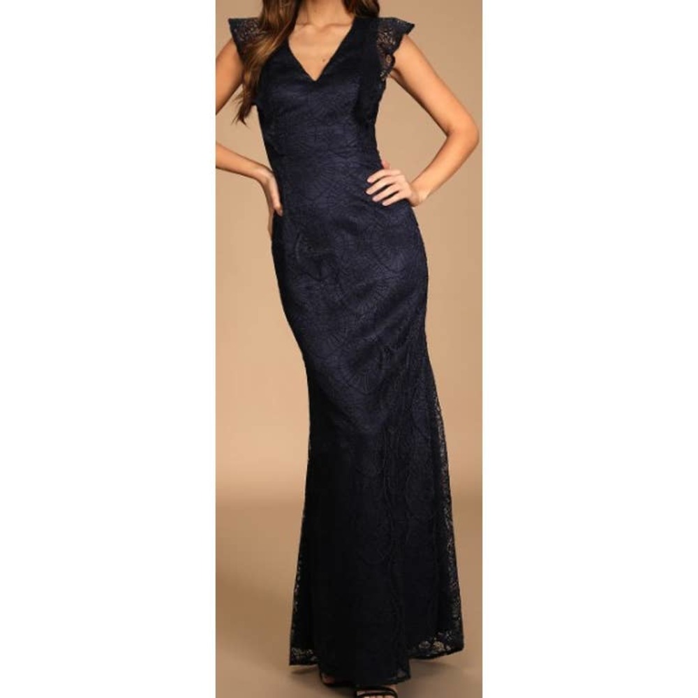 LULU'S Navy Blue Lace Mermaid Maxi Dress